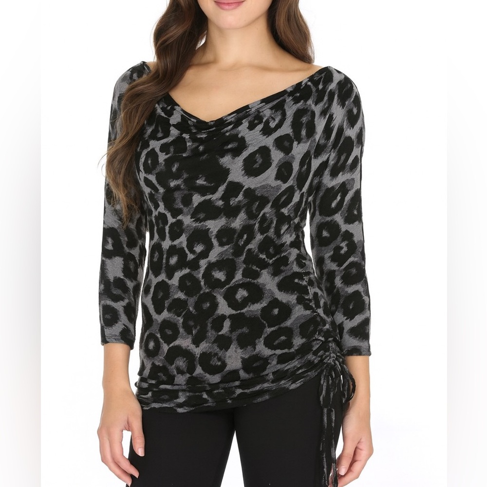 Michael Kors Leopard Print Ruched Top Cowl Neck Long Sleeve Blouse Small